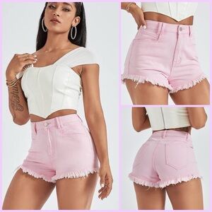 Light Pink Frayed Hem Jean Shorts- SHEIN